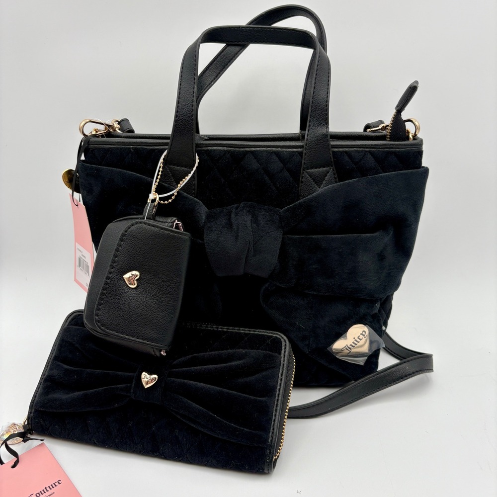 JUICY COUTURE Bow Quilted Crossbody Bag Purse Wallet Set Black "Tied with a Bow"
